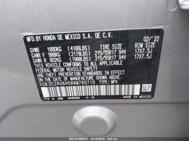 3CZRU6H58NM760710 Honda Hr-v Awd Ex