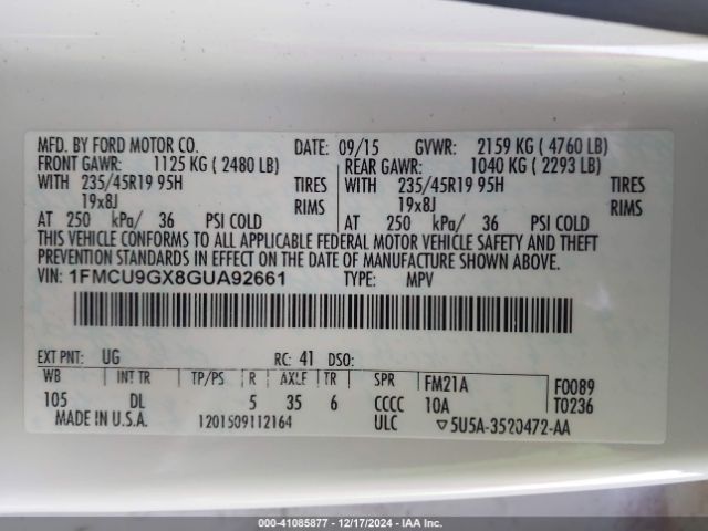 1FMCU9GX8GUA92661 Ford ESCAPE SE