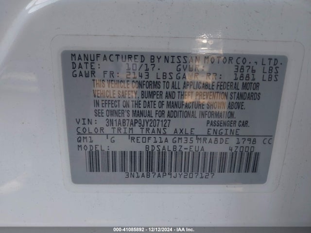 Nissan SENTRA S 2018 3N1AB7AP9JY207127 Image 9