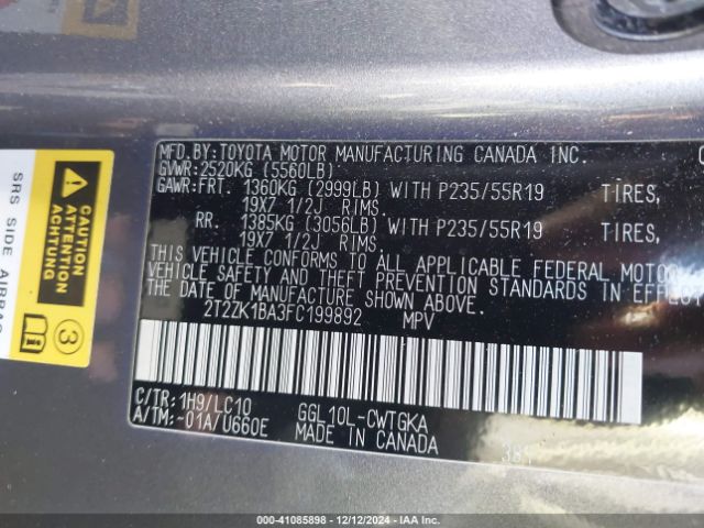 2T2ZK1BA3FC199892 Lexus RX 350