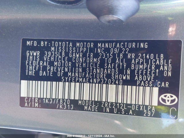 Toyota COROLLA LE 2022 5YFEPMAE4NP370240 Image 9