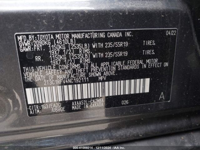 2T3C1RFV4NC192111 Toyota Rav4 Xle Premium