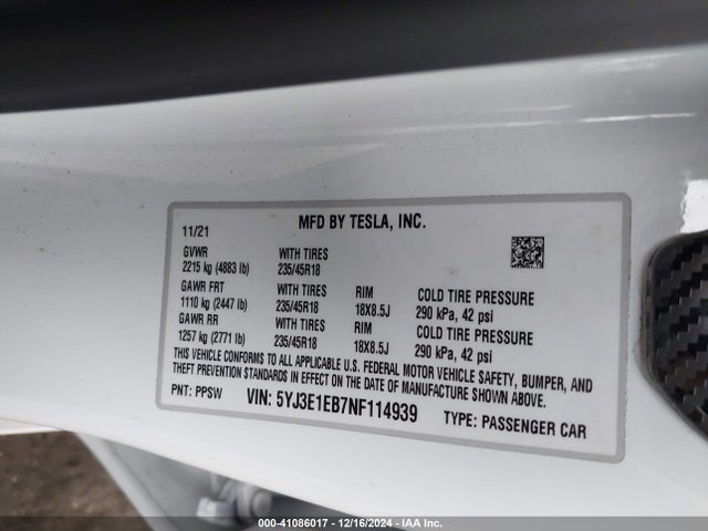 2022 TESLA MODEL 3 5YJ3E1EB7NF114939 Photo 8