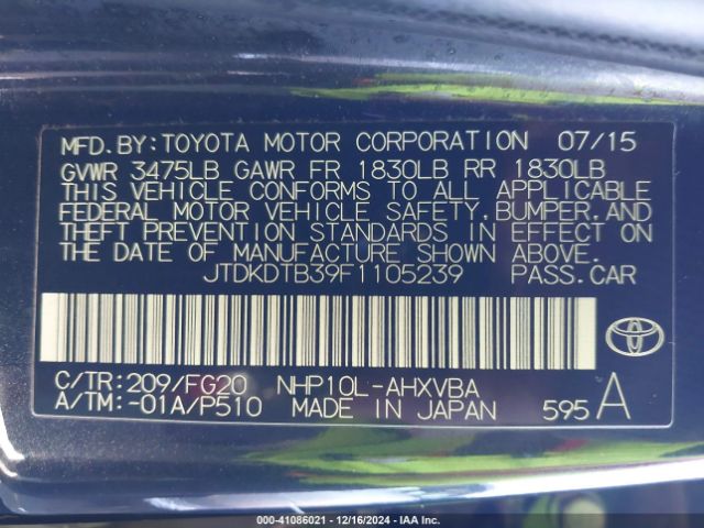 JTDKDTB39F1105239 Toyota Prius C Two