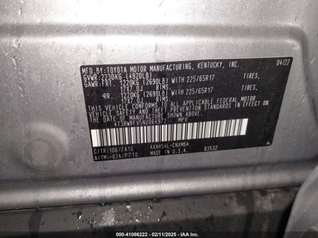 4T3RWRFV5NU064972 Toyota Rav4 Hybrid Xle
