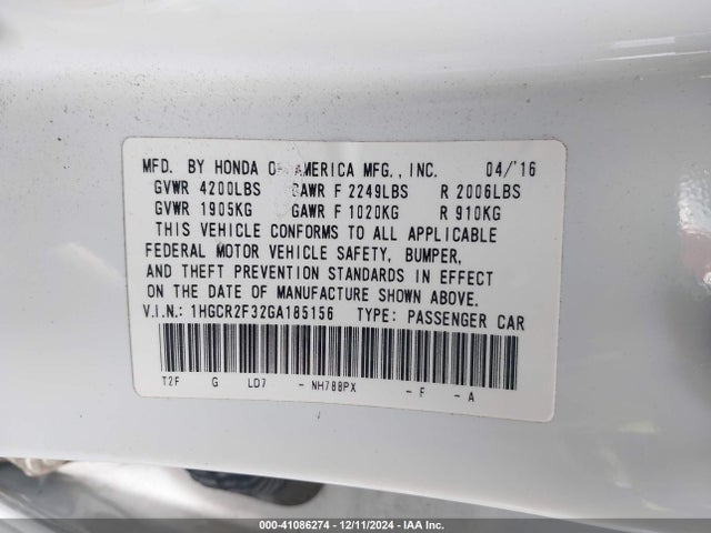 Honda ACCORD LX 2016 1HGCR2F32GA185156 Image 9