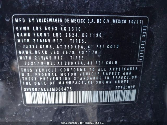 3VV0B7AX3JM066475 Volkswagen Tiguan 2.0t S