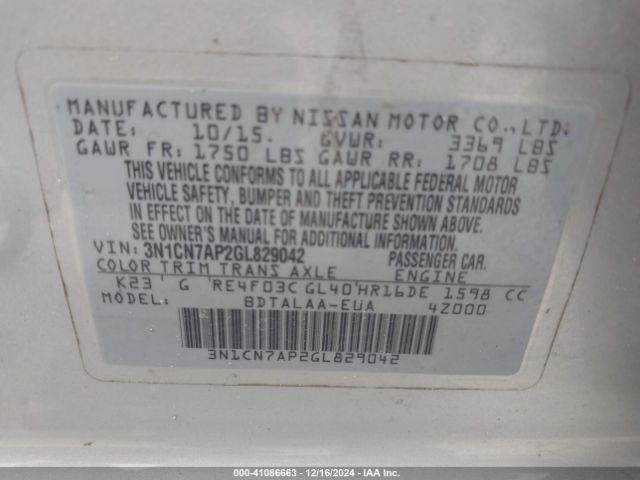 3N1CN7AP2GL829042 Nissan Versa 1.6 S
