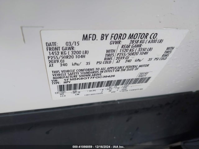 Ford EXPLORER SPORT 2015 1FM5K8GT7FGC39426 Image 9