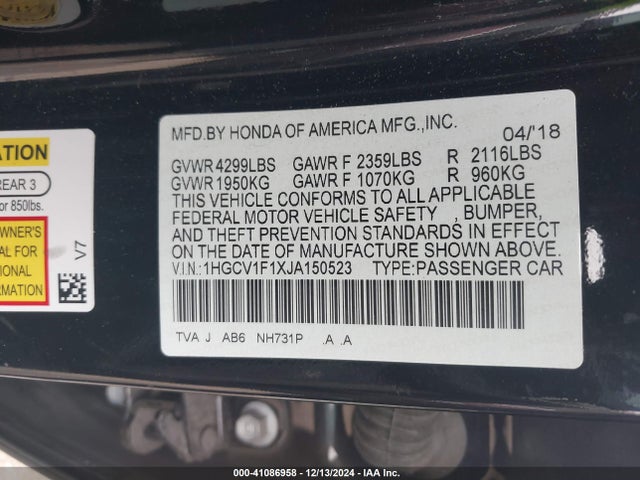 Honda ACCORD LX 2018 1HGCV1F1XJA150523 Image 9