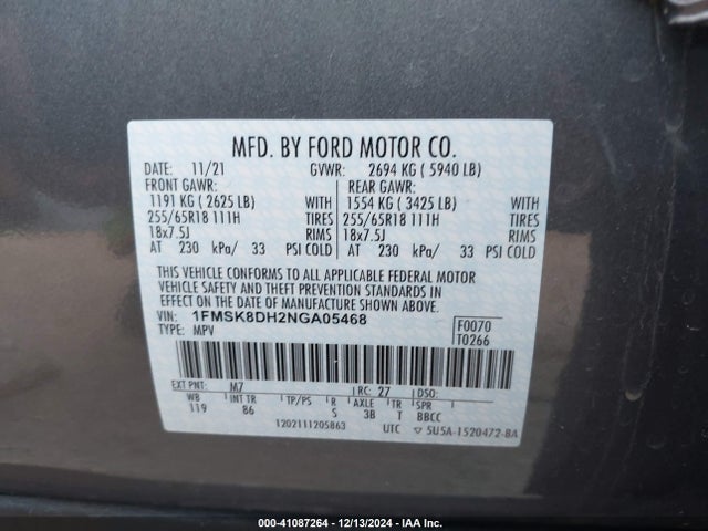 Ford EXPLORER XLT 2022 1FMSK8DH2NGA05468 Image 9