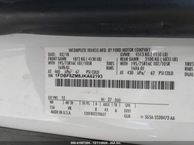 1FDBF8ZM8JKA62193 Ford Transit-350 Cab