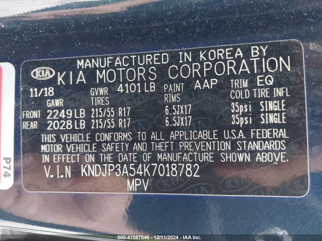 KIA SOUL + 2019 KNDJP3A54K7018782 Image 9