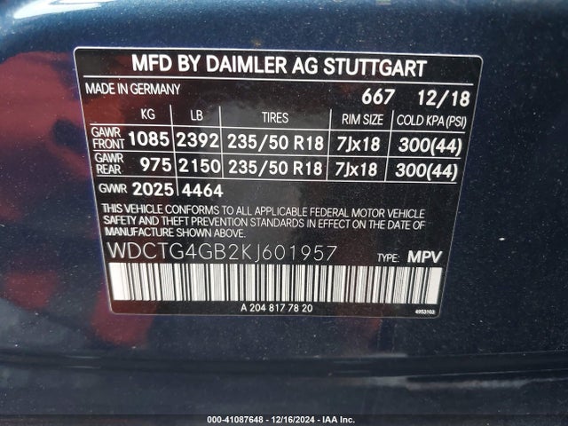 WDCTG4GB2KJ601957 Mercedes-Benz Gla 250 4matic