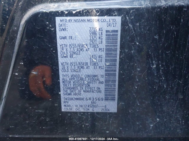 Nissan Pathfinder Sv 2017 5N1DR2MM8HC683569 Image 9
