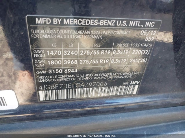 Auction sale of the 2012 Mercedes-benz Gl 450 4matic, vin: 4JGBF7BE1CA797006, lot number: 41087725