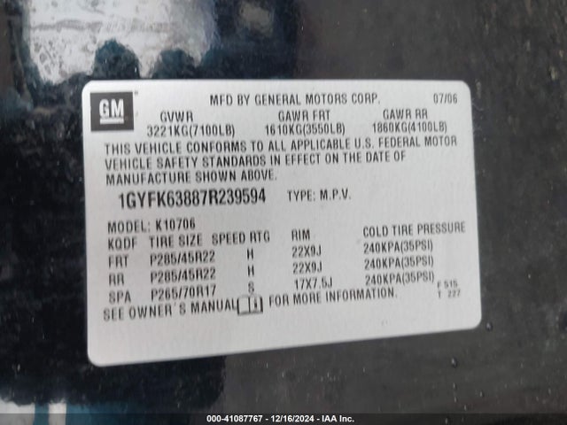 2007 CADILLAC ESCALADE 1GYFK63887R239594 Photo 8