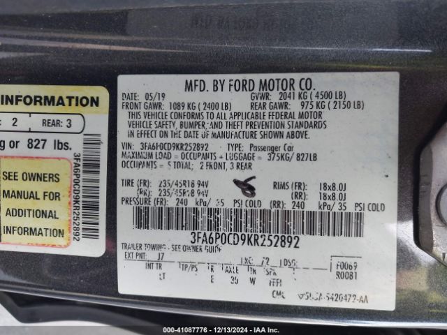3FA6P0CD9KR252892 Ford FUSION SEL