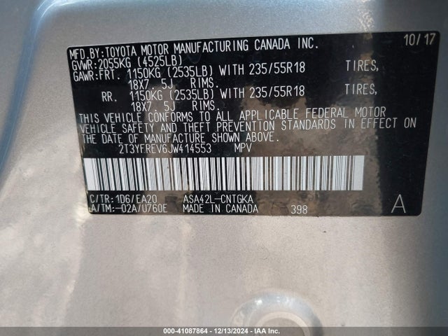 Toyota Rav4 Limited 2018 2T3YFREV6JW414553 Image 9