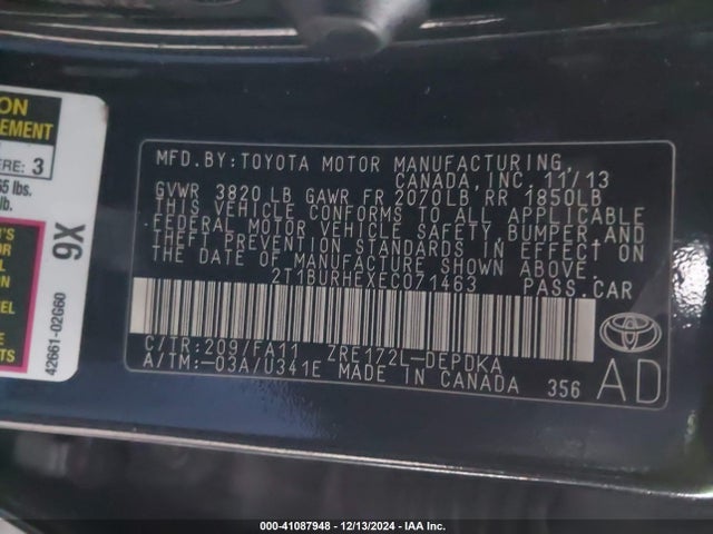 Toyota COROLLA L 2014 2T1BURHEXEC071463 Image 9