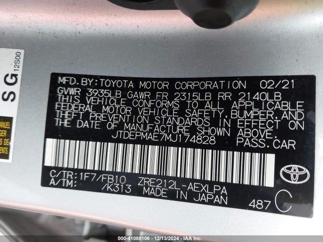 Toyota COROLLA LE 2021 JTDEPMAE7MJ174828 Image 9