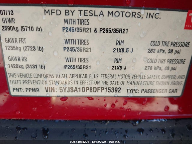 2013 TESLA MODEL S 5YJSA1DP8DFP15392 Photo 8