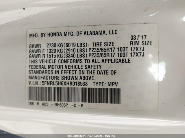 Honda Odyssey Ex-l 2017 5FNRL5H6XHB018538 Image 9