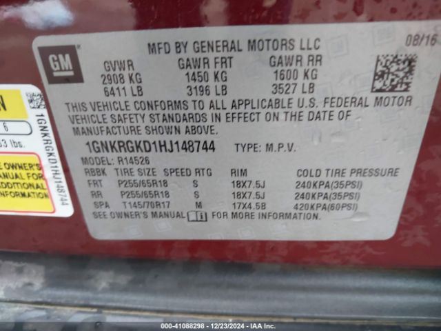 1GNKRGKD1HJ148744 Chevrolet Traverse 1lt
