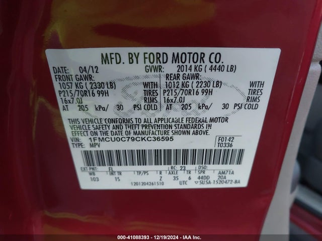 2012 FORD ESCAPE 1FMCU0C79CKC36595 Photo 8