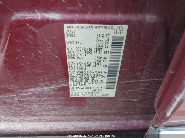 5N1AZ2MG3JN111929 Nissan MURANO SV