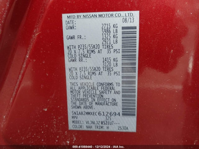 Nissan Pathfinder Platinum 2014 5N1AR2MMXEC612694 Image 9