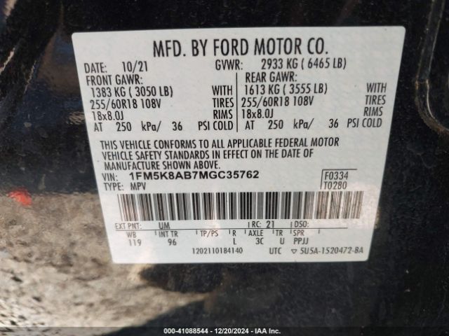 1FM5K8AB7MGC35762 Ford Police Interceptor