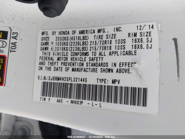 Honda CR-V LX 2015 5J6RM4H35FL021445 Image 9