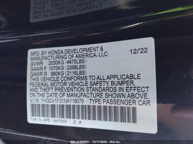 1HGCV1F31NA118079 Honda Accord Sport