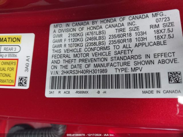 2HKRS3H40RH301989 Honda Cr-v Ex 2wd
