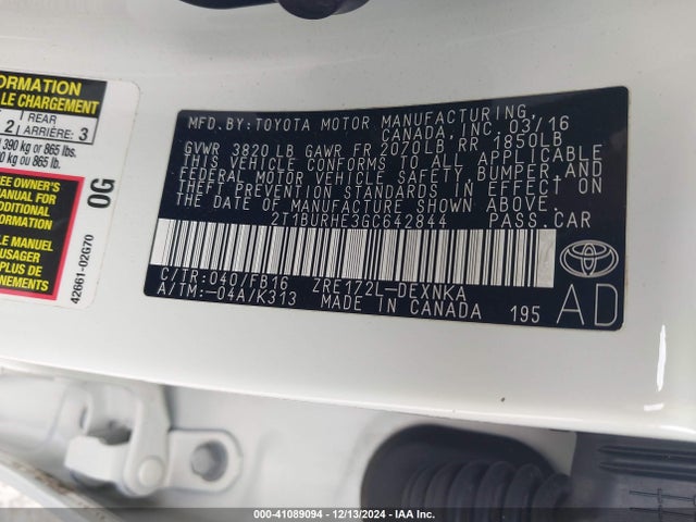 Toyota COROLLA LE 2016 2T1BURHE3GC642844 Image 9