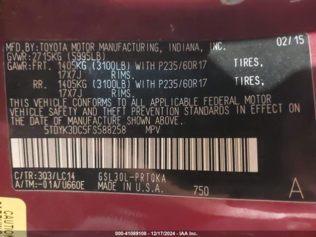 5TDYK3DC5FS588258 Toyota Sienna Xle/limited
