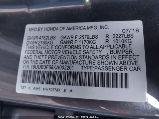 19UUB3F68KA002201 Acura Tlx Tech   A-spec Pkgs