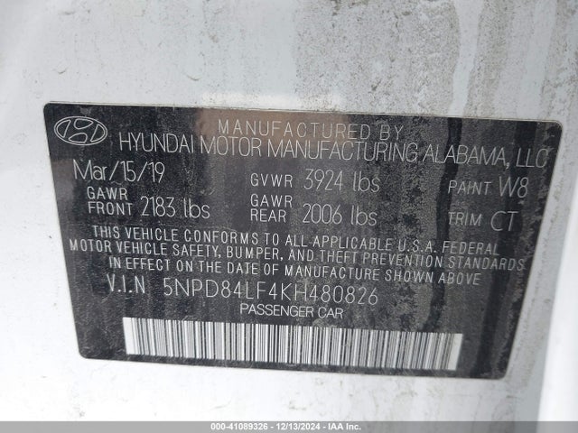 5NPD84LF4KH480826 Hyundai ELANTRA SEL