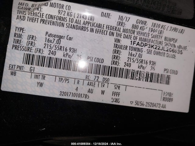 1FADP3K22JL206035 Ford FOCUS SE