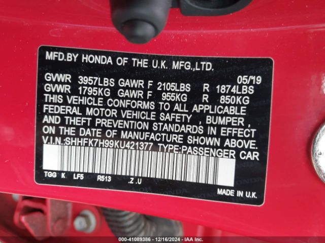 SHHFK7H99KU421377 Honda Civic Sport Touring
