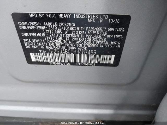 Subaru Forester 2.5i 2017 JF2SJABC0HH487489 Image 9