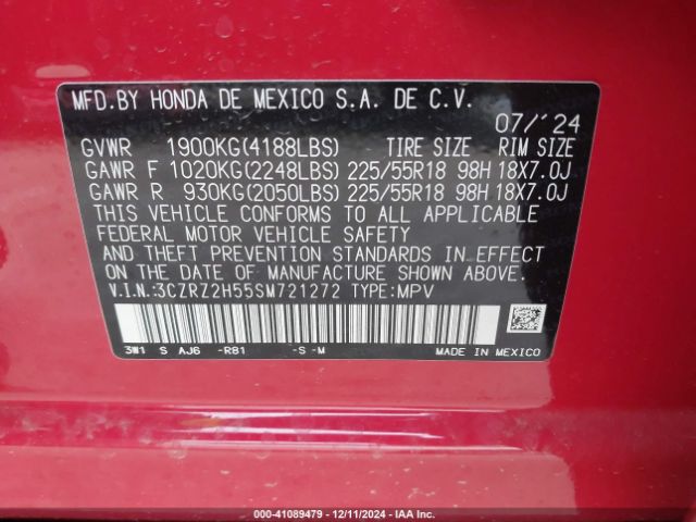 3CZRZ2H55SM721272 Honda Hr-v Awd Sport