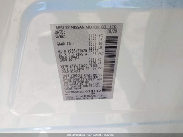 5N1DR2DM1LC638112 Nissan Pathfinder Platinum 4wd