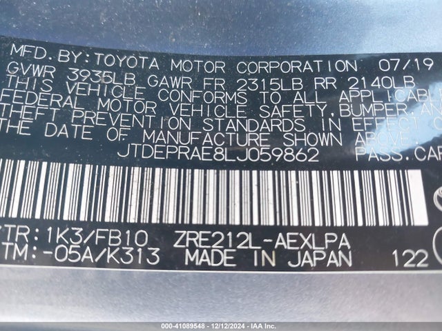 JTDEPRAE8LJ059862 Toyota COROLLA LE