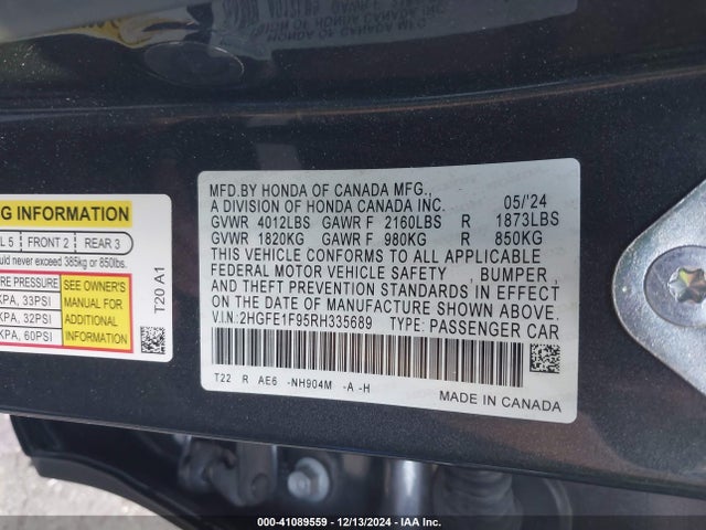 Honda Civic Touring 2024 2HGFE1F95RH335689 Image 9