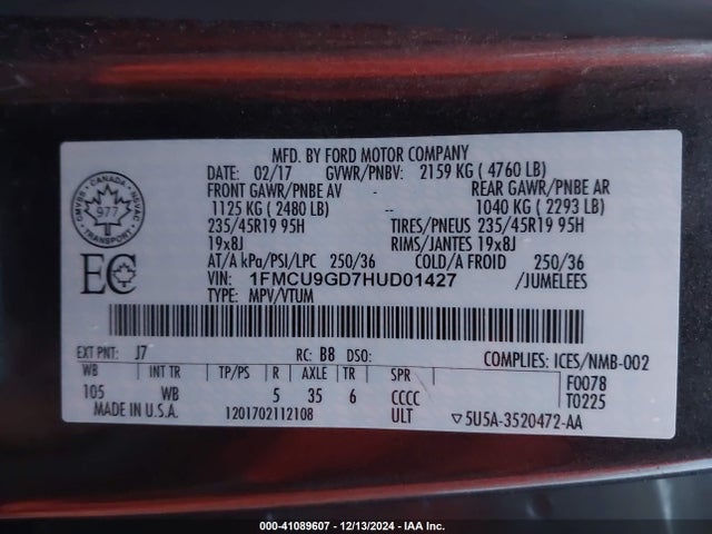 Ford ESCAPE SE 2017 1FMCU9GD7HUD01427 Image 9