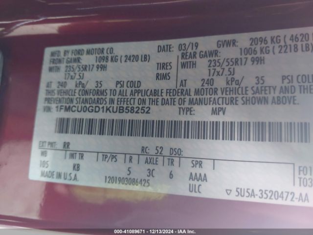 1FMCU0GD1KUB58252 Ford ESCAPE SE