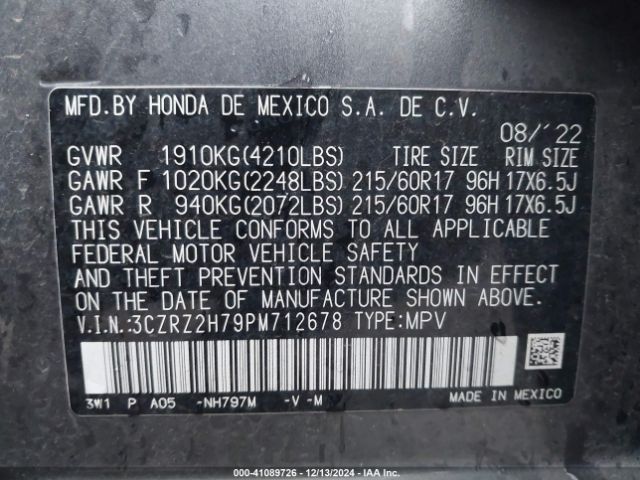 3CZRZ2H79PM712678 Honda Hr-v Awd Ex-l