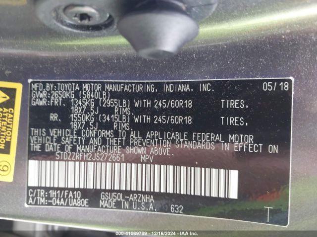 5TDZZRFH2JS272661 Toyota Highlander Le Plus